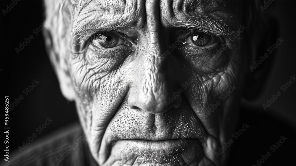 A black-and-white portrait of an elderly man, his face etched wi A black-and-white portrait of an elderly man, his face etched wi