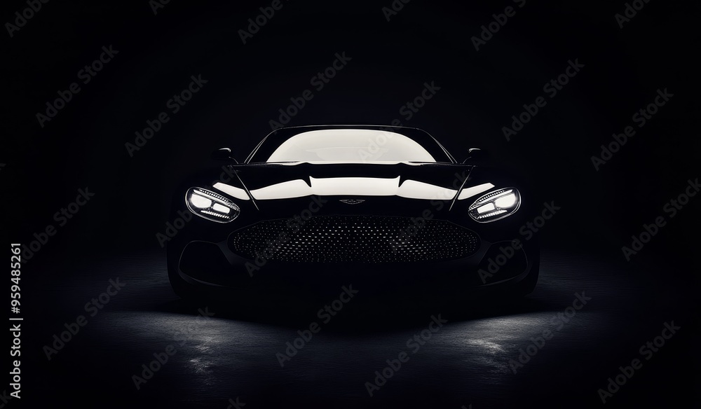 A black sports car, partially illuminated, with only its headlights and grille visible. A black sports car, partially illuminated, with only its headlights and grille visible.