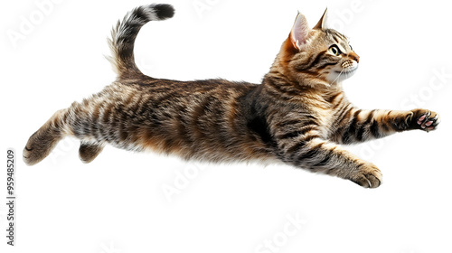 Tabby Cat Leaping Through the Air with Paws Extended Isolated on a Transparent Background, PNG Image