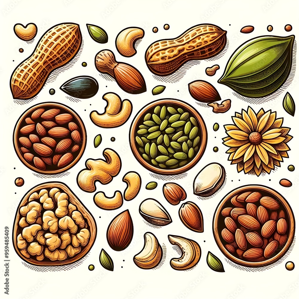 Set, peanuts, almonds, walnuts, sunflower seeds Set, peanuts, almonds, walnuts, sunflower seeds