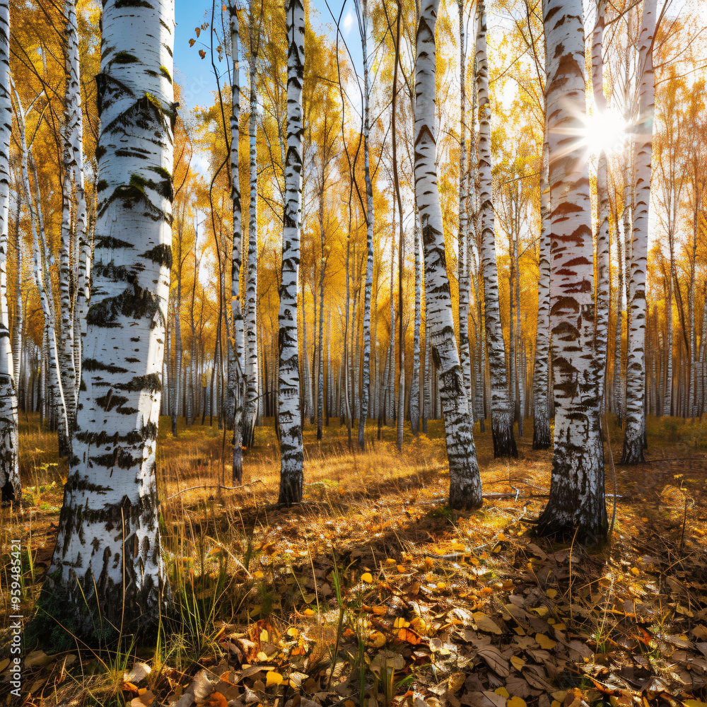 Fototapeta premium Birch forest in sunny afternoon while autumn season