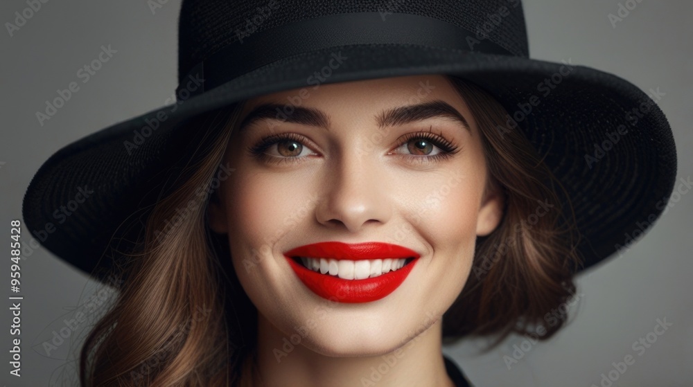 Fashion Smile pretty woman with red lips wearing a black hat over a white background Fashion Smile pretty woman with red lips wearing a black hat over a white background