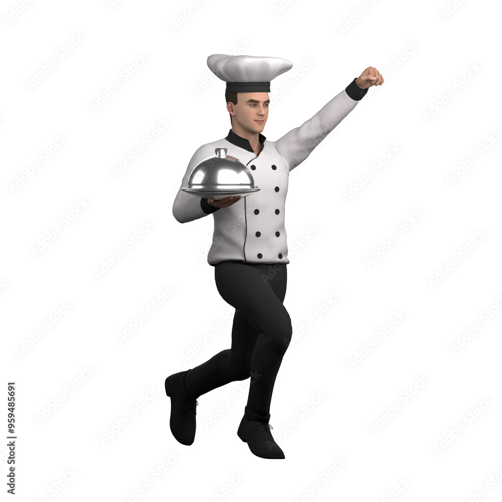 Illustrated 3D Chef. A male chef is walking carrying a plate with a cloche lid in his right hand and clenching his left fist towards the front. Male Culinary Expert Illustrated 3D Chef. A male chef is walking carrying a plate with a cloche lid in his right hand and clenching his left fist towards the front. Male Culinary Expert