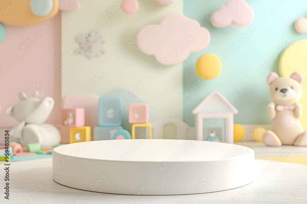Round tabletop counter in a colorful baby nursery with soft pastel walls, toys, and inviting playful decor Round tabletop counter in a colorful baby nursery with soft pastel walls, toys, and inviting playful decor