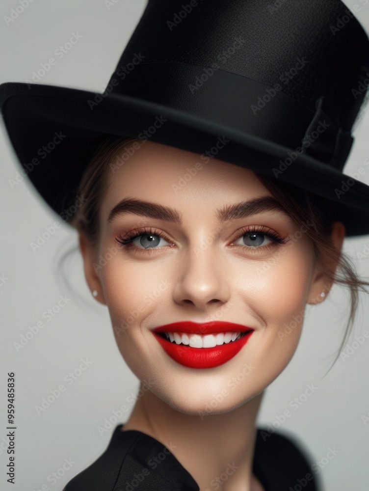 Fashion Smile pretty woman with red lips wearing a black hat over a white background Fashion Smile pretty woman with red lips wearing a black hat over a white background