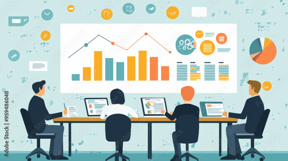 A team of four colleagues working together in a meeting, looking at data on a whiteboard, discussing business strategies. A team of four colleagues working together in a meeting, looking at data on a whiteboard, discussing business strategies.