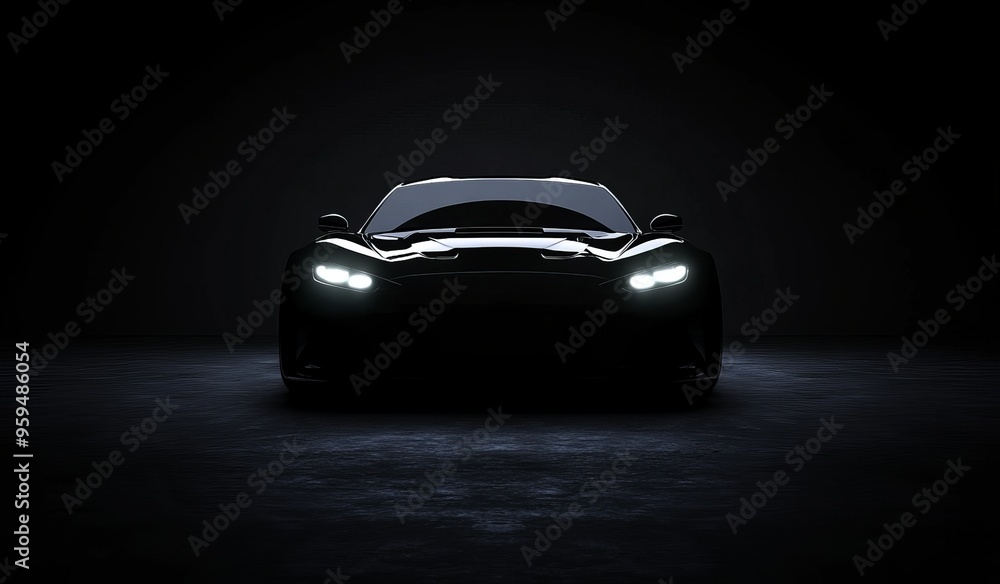 A black sports car with headlights illuminated in a dark studio. A black sports car with headlights illuminated in a dark studio.