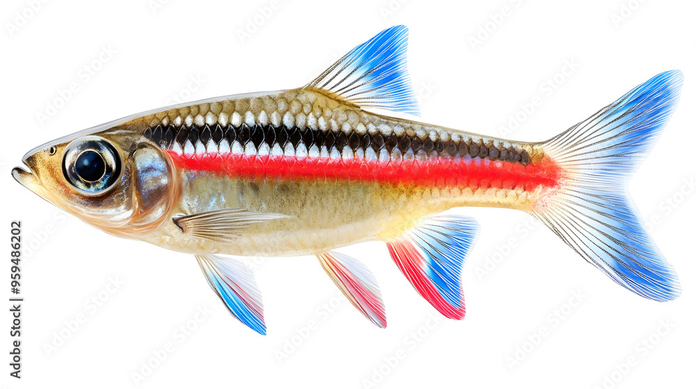 A detailed view of a single fish with blue and red fins swimming against a transparent background, a perfect isolated image for design. A detailed view of a single fish with blue and red fins swimming against a transparent background, a perfect isolated image for design.