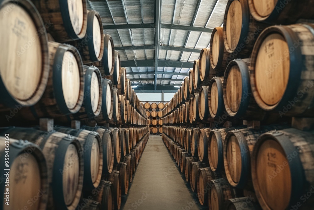 Wooden Barrels in Warehouse Storage Wooden Barrels in Warehouse Storage