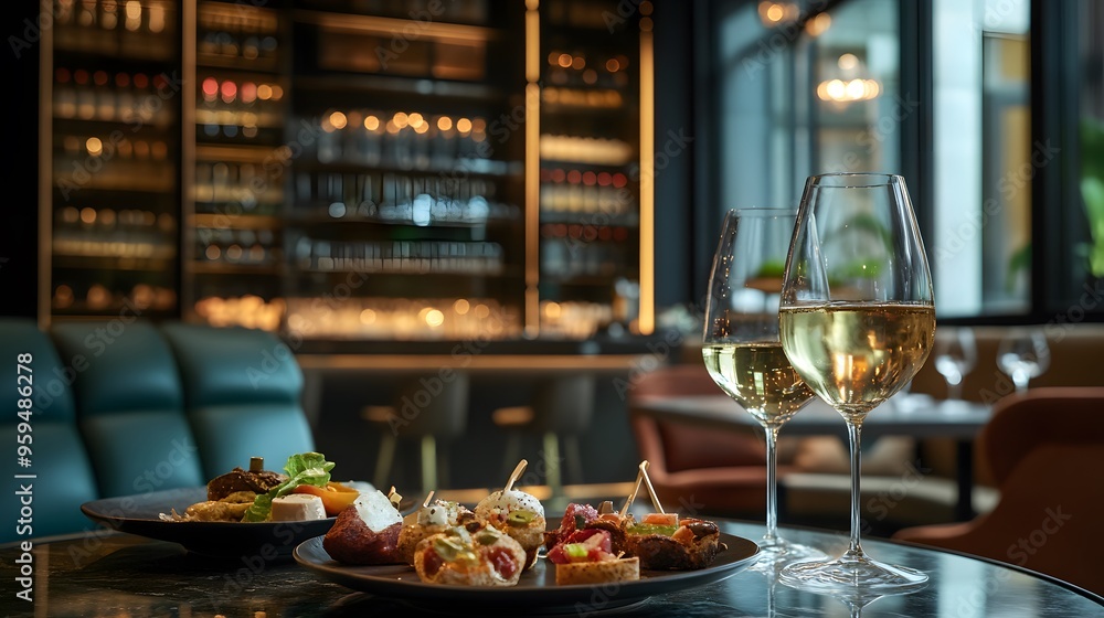 A refined wine and tapas presentation in a luxurious deep-toned lounge A refined wine and tapas presentation in a luxurious deep-toned lounge