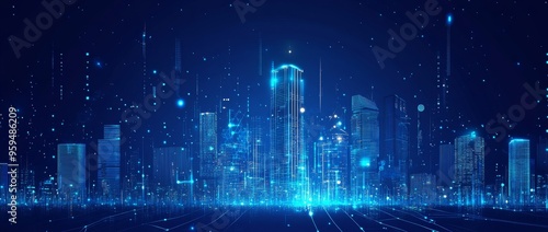Futuristic city skyline with glowing buildings and lines, representing digital technology.