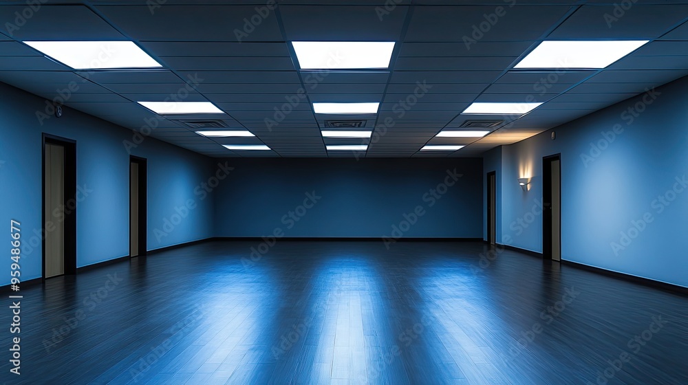Empty Hallway with Blue Walls and Fluorescent Lights Empty Hallway with Blue Walls and Fluorescent Lights