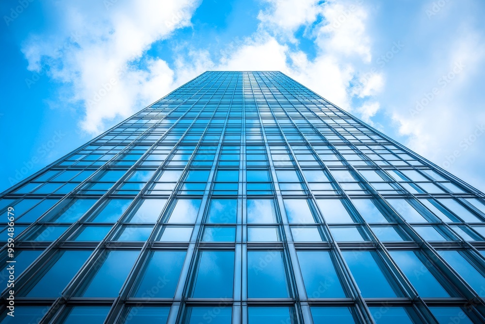 Low angle view of a tall glass skyscraper against a blue sky with white clouds. Low angle view of a tall glass skyscraper against a blue sky with white clouds.