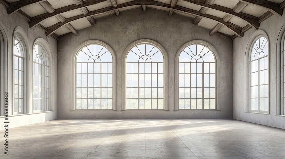 Empty Room with Arched Windows and Wooden Beams Empty Room with Arched Windows and Wooden Beams