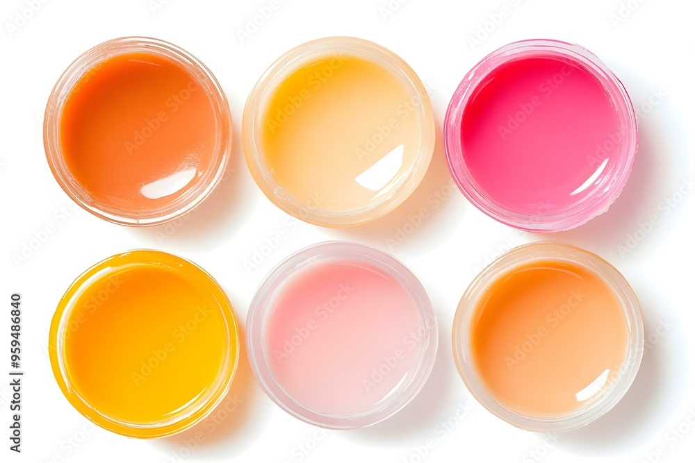 Lip balm (or make up cleansing oil butter balm washer) assortment set swatches multi colored orange yellow and pink isolated on white Lip balm (or make up cleansing oil butter balm washer) assortment set swatches multi colored orange yellow and pink isolated on white
