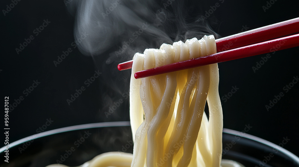 Fototapeta premium “Savor the Lift: Red Chopsticks and Udon Noodles”