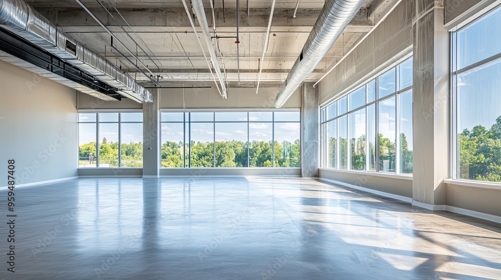 Empty Modern Office Space with Large Windows and Exposed Ceiling Empty Modern Office Space with Large Windows and Exposed Ceiling