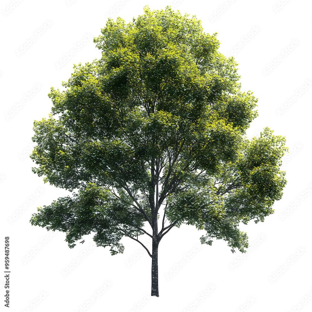 Fototapeta premium A single deciduous tree with green leaves isolated on transparent background, png format.