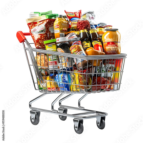 A full shopping cart filled with various food products isolated on a transparent background