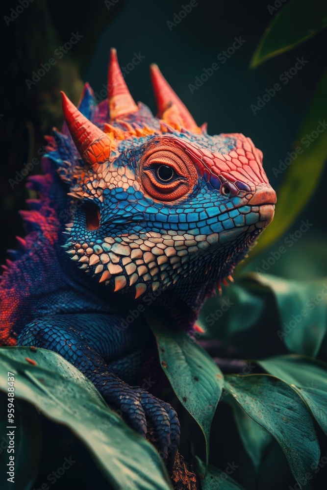Fototapeta premium Colorful lizard on green leaf