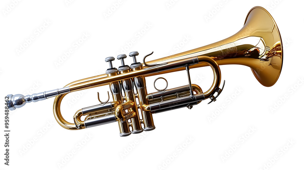 Golden Trumpet with Silver Accents Isolated on Transparent Background Golden Trumpet with Silver Accents Isolated on Transparent Background