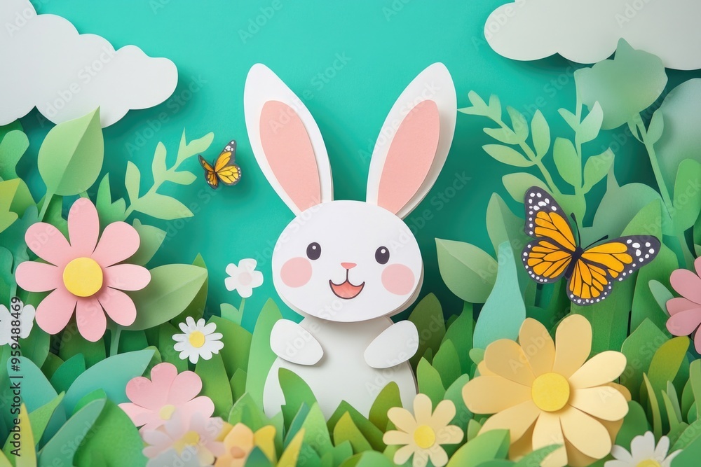 Bunny with paper cut in flower field Bunny with paper cut in flower field