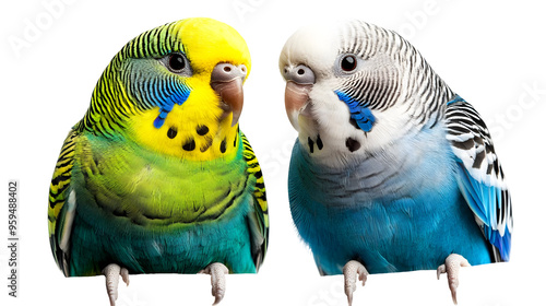 Two Parakeets Perched on a Branch Isolated on a Transparent Background photo