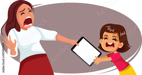 Mother and Daughter Fighting Over Tablet Overuse Vector Cartoon. Angry child being dependent on technology at an early age
