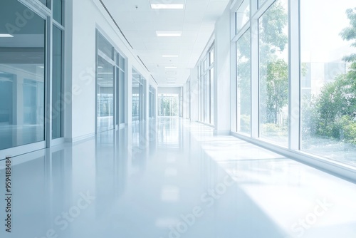 Empty white hallway with large windows and glass doors leading to a view of green trees outside.