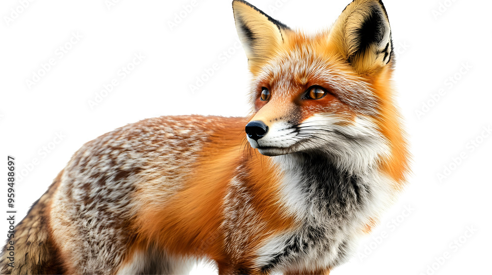 Fototapeta premium Red Fox Standing with Alert Expression on a White Background, Transparent Background, Isolated Background, PNG.