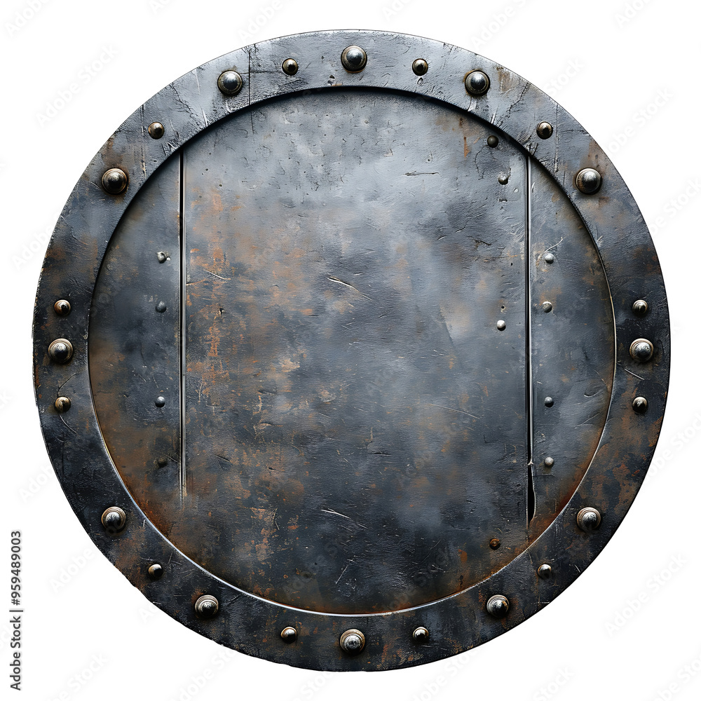 Naklejka premium Circular Metal Shield with Rivets and Rusted Texture