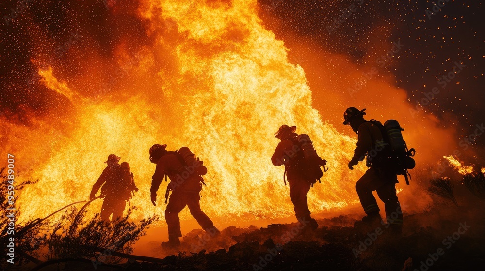 Silhouettes of firefighters battling a large wildfire. Silhouettes of firefighters battling a large wildfire.