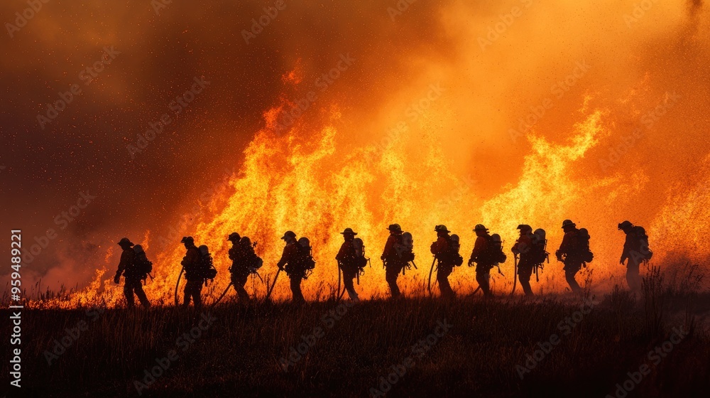 Silhouettes of firefighters battling a wildfire. Silhouettes of firefighters battling a wildfire.
