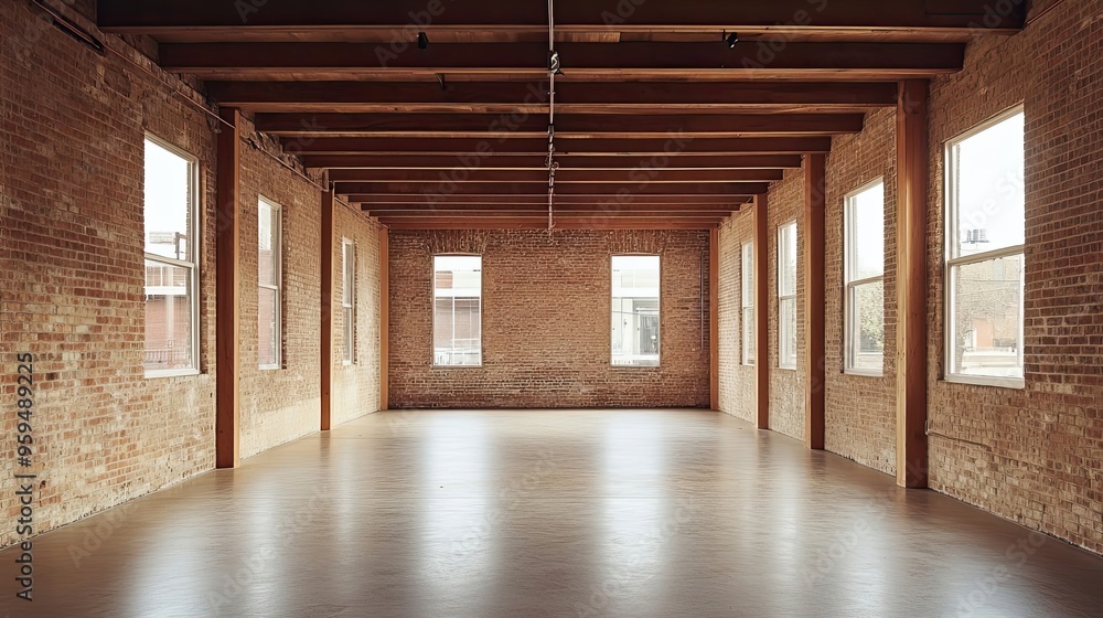 Empty Room with Brick Walls, Wood Beams, and Windows Empty Room with Brick Walls, Wood Beams, and Windows