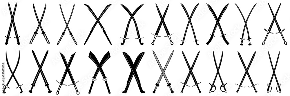 set collections Swords crossed silhouettes icon. ancient fantasy sword. Medieval vintage blade weapon design vector illustration set collections Swords crossed silhouettes icon. ancient fantasy sword. Medieval vintage blade weapon design vector illustration