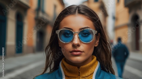 fashionable beautiful young Italy Woman Standing in the Street wearing a tracksuit and glasses