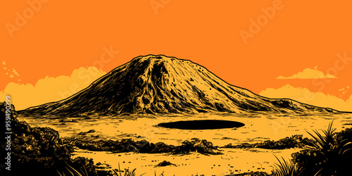 Monochrome illustration of a barren volcanic mountain with a deep crater under an orange sky, evoking a sense of desolation and rugged natural beauty