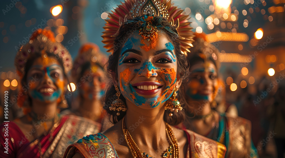 Smiling Woman Covered in Colorful Powder, Festival Celebration - Photo Smiling Woman Covered in Colorful Powder, Festival Celebration - Photo