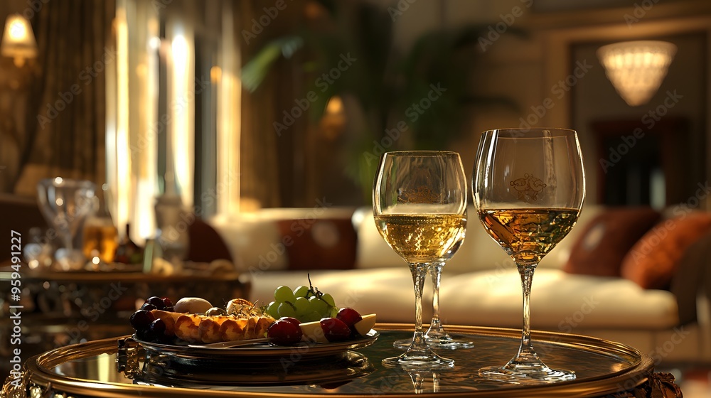 3D-rendered wine glasses and tapas in a rich and opulent lounge setting 3D-rendered wine glasses and tapas in a rich and opulent lounge setting