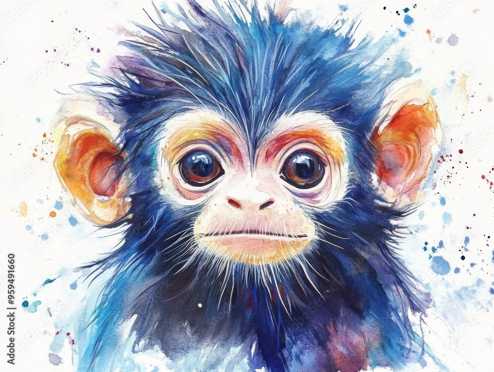 Watercolor Painting of a Monkey with Blue Fur and Big Eyes Watercolor Painting of a Monkey with Blue Fur and Big Eyes