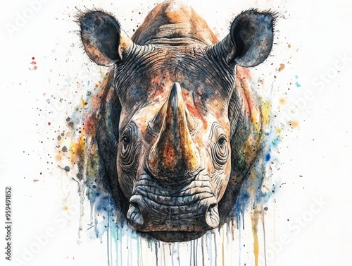 Watercolor Painting of a White Rhino Head with Colorful Splashes photo