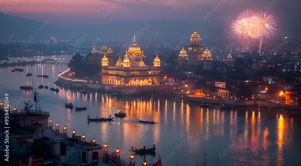 Obraz premium Illuminated Cityscape with River, Bridge, and Fireworks - Photo