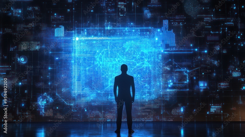 Close up of a businessman standing in front of a virtual door, future business concept. Ai generated image Close up of a businessman standing in front of a virtual door, future business concept. Ai generated image