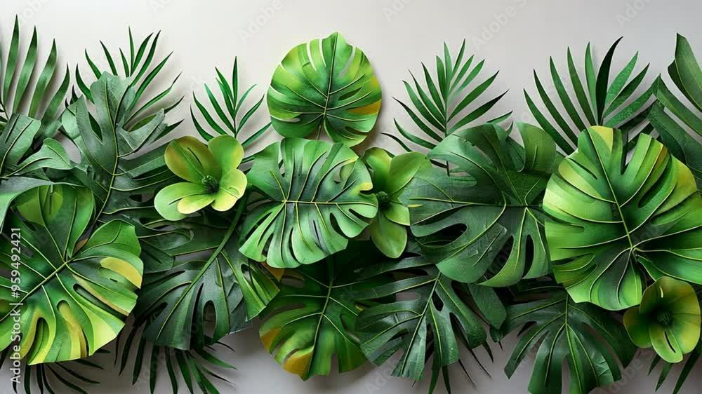 Tropical Leaf Border: Lush green tropical leaves arranged in a vibrant border, creating a sense of tranquility and natural beauty. Perfect for adding a touch of paradise to any design. Tropical Leaf Border: Lush green tropical leaves arranged in a vibrant border, creating a sense of tranquility and natural beauty. Perfect for adding a touch of paradise to any design.