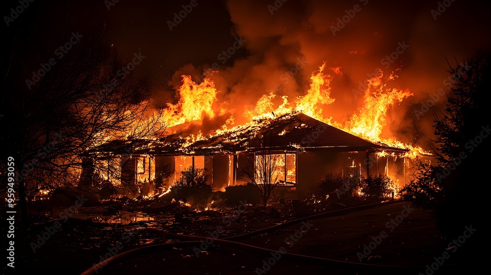Nighttime house fire with partial roof collapse, embers and burning ...