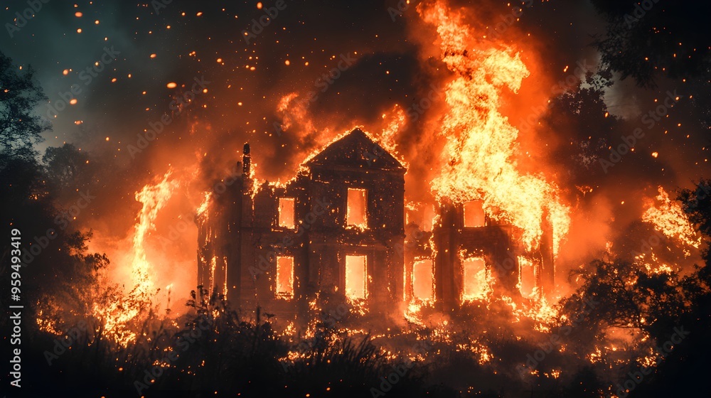Nighttime inferno consuming a house, its intense flames piercing the darkness, providing the only light in a blackout-affected area, highlighting the devastation Nighttime inferno consuming a house, its intense flames piercing the darkness, providing the only light in a blackout-affected area, highlighting the devastation
