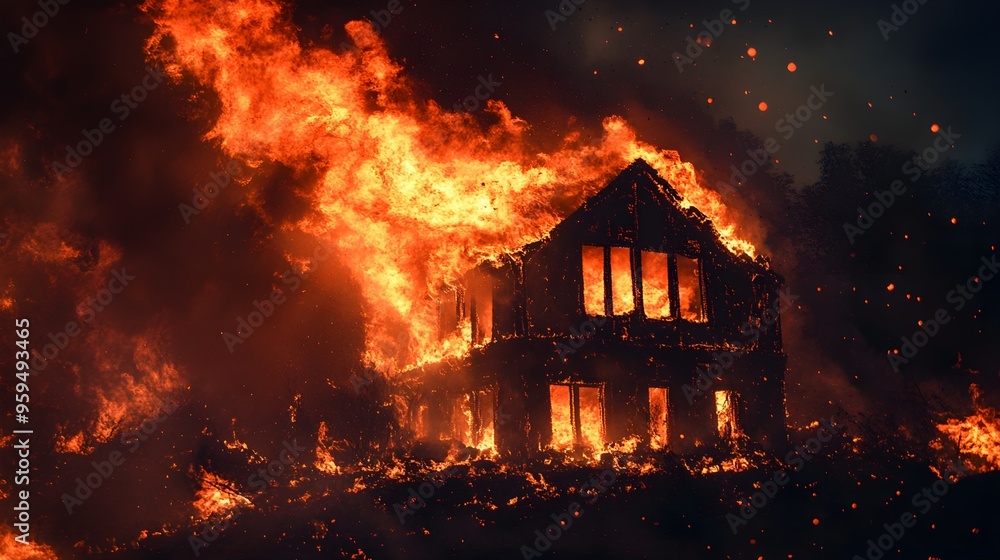 Nighttime inferno consuming a house, its intense flames piercing the darkness, providing the only light in a blackout-affected area, highlighting the devastation Nighttime inferno consuming a house, its intense flames piercing the darkness, providing the only light in a blackout-affected area, highlighting the devastation