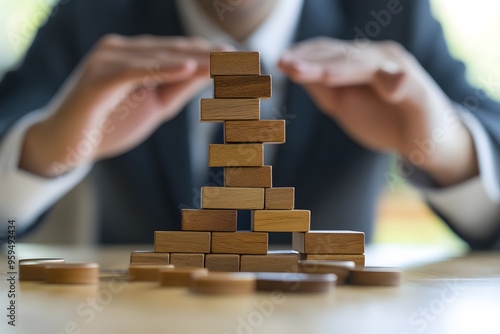 Businessperson Protecting Stacked Wooden Blocks