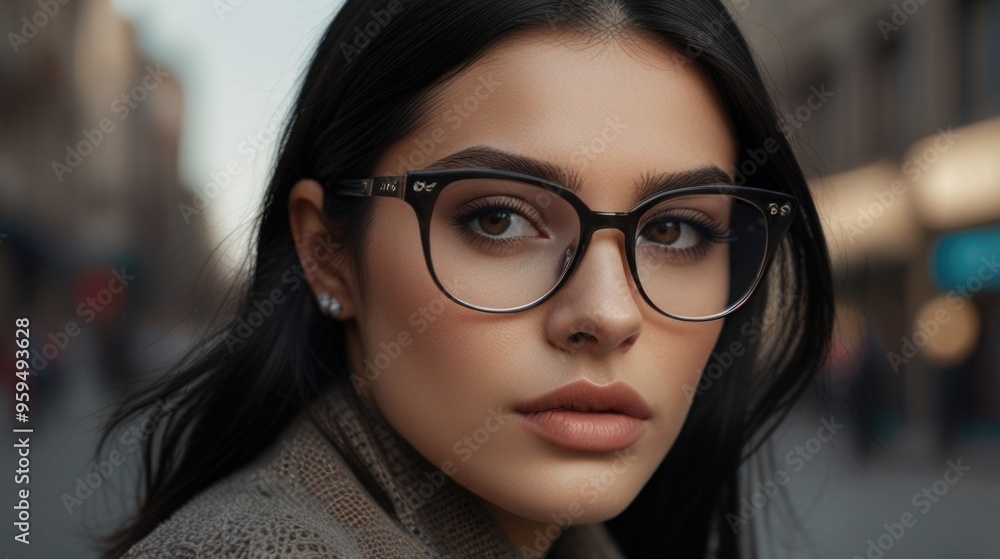 fashionable young girl with black hair and Natural Face Makeup In a Transparent Glasses Frame on the street fashionable young girl with black hair and Natural Face Makeup In a Transparent Glasses Frame on the street