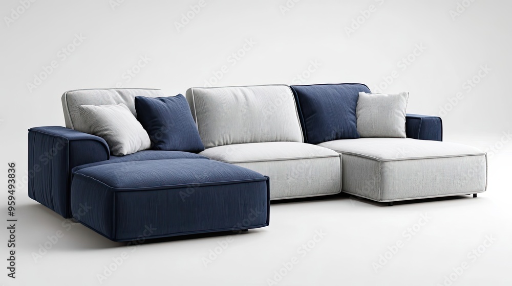 Naklejka premium Modern Sectional Sofa with Blue and White Upholstery